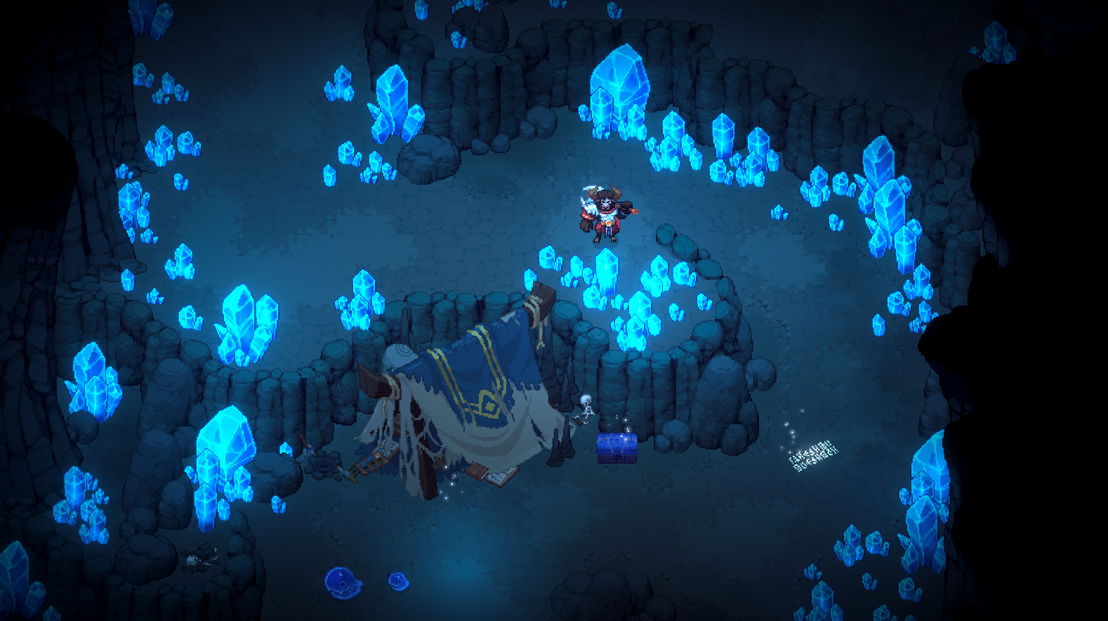 A pixel-art adventurer exploring a crystal cavern in Dimraeth